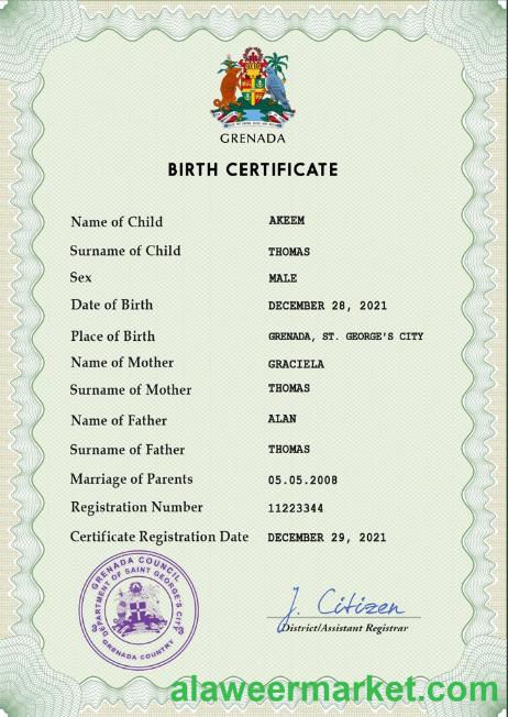 Grenada vital record birth certificate PSD template